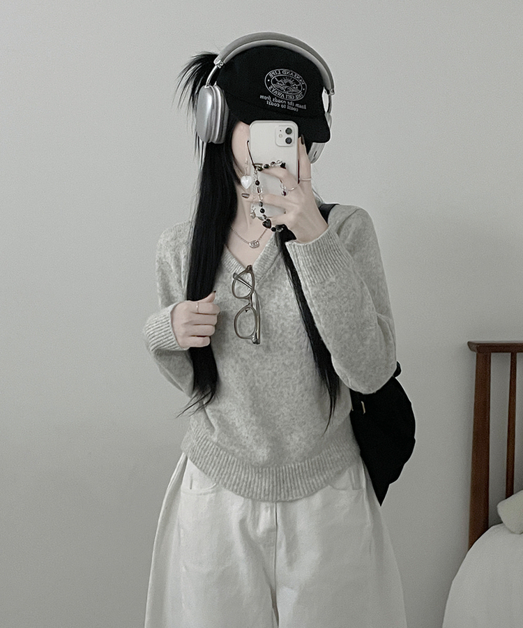 [V,라운드넥 선택]세미크롭핏라운드브이넥긴팔니트(10color) 회색