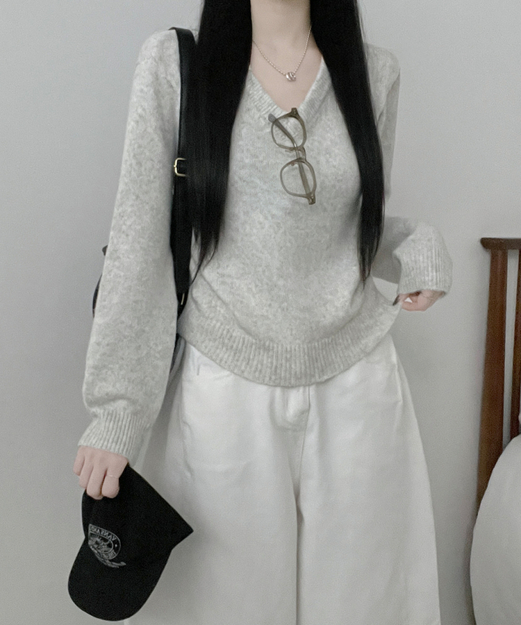 [V,라운드넥 선택]세미크롭핏라운드브이넥긴팔니트(10color) 회색