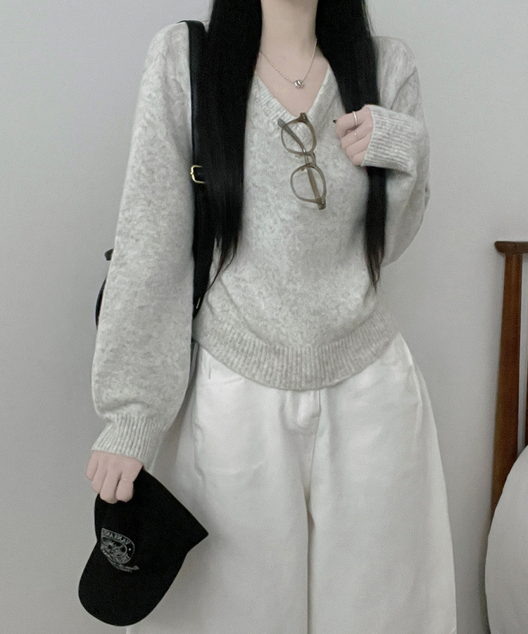 [V,라운드넥 선택]세미크롭핏라운드브이넥긴팔니트(10color) 회색