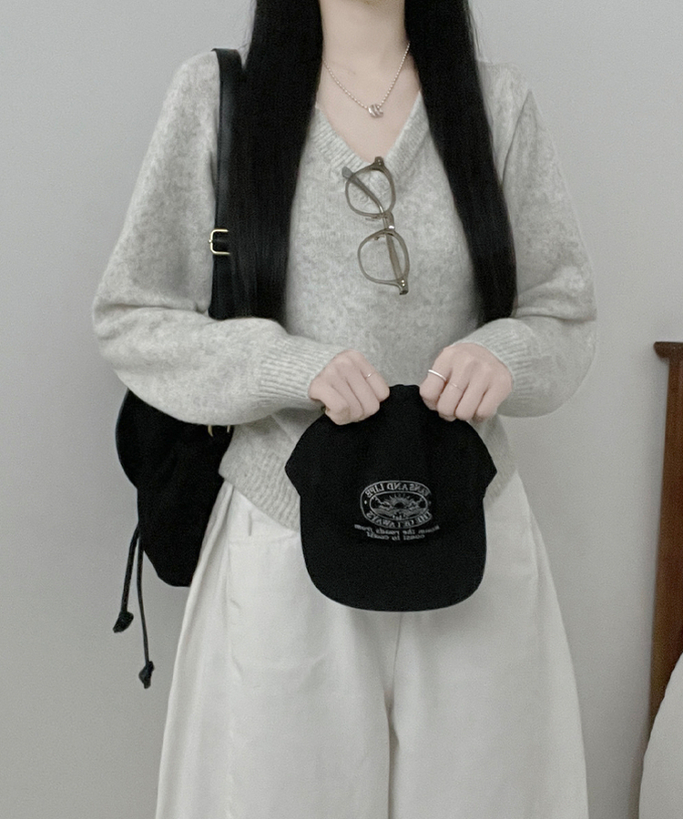 [V,라운드넥 선택]세미크롭핏라운드브이넥긴팔니트(10color) 회색