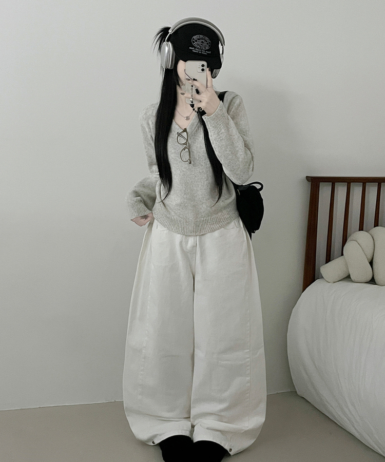 [V,라운드넥 선택]세미크롭핏라운드브이넥긴팔니트(10color) 회색