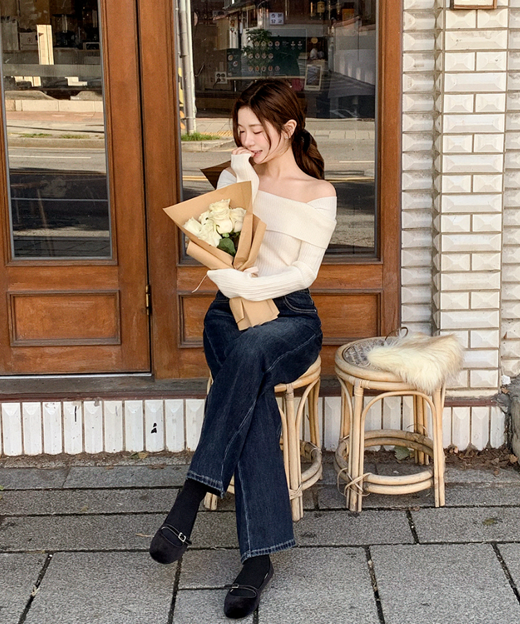 nt5191 (여리한쇄골라인/여성스러움UP) 오브텐 슬림 골지 언발 오프숄더 니트 IVORY