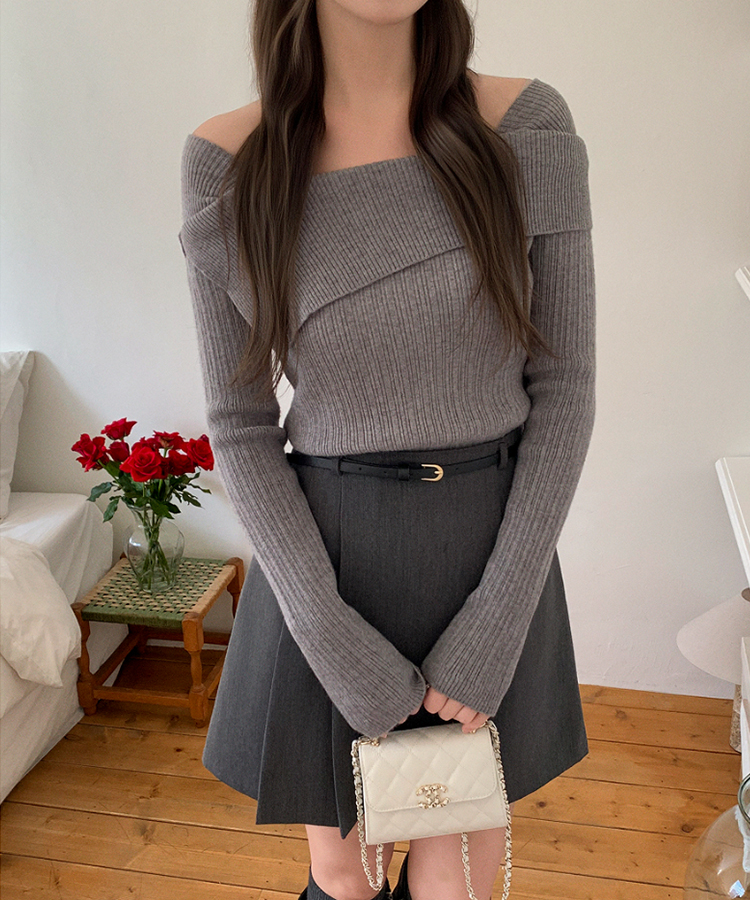 nt5191 (여리한쇄골라인/여성스러움UP) 오브텐 슬림 골지 언발 오프숄더 니트 CHARCOAL