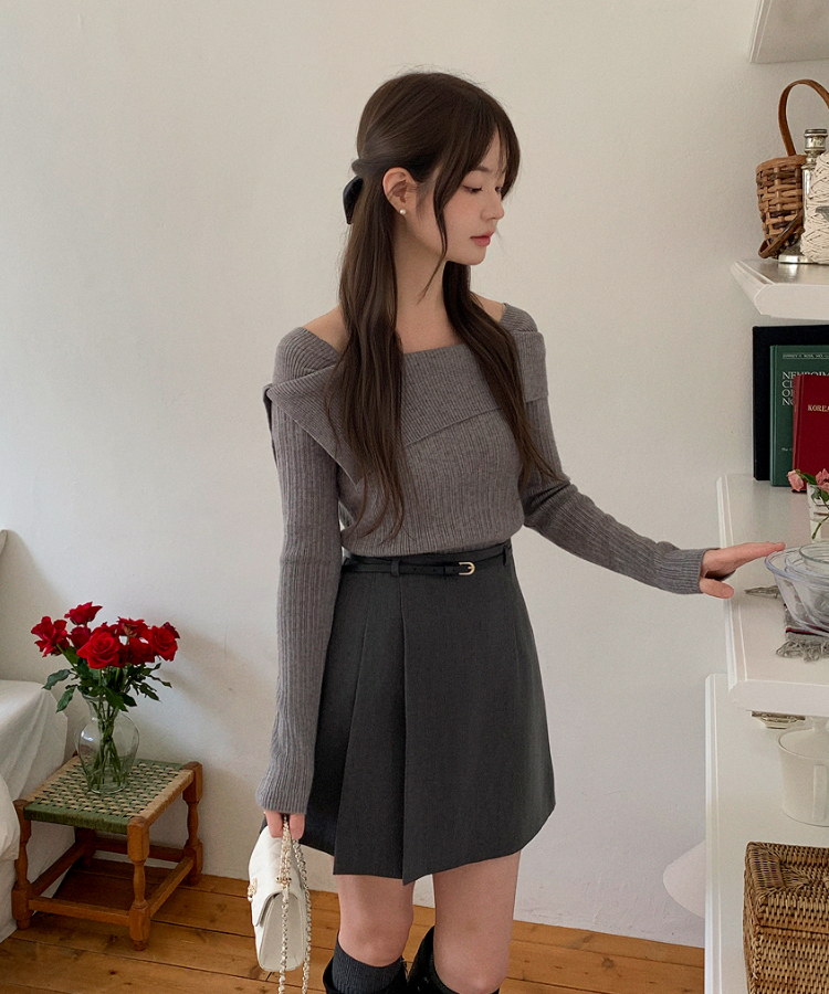 nt5191 (여리한쇄골라인/여성스러움UP) 오브텐 슬림 골지 언발 오프숄더 니트 CHARCOAL