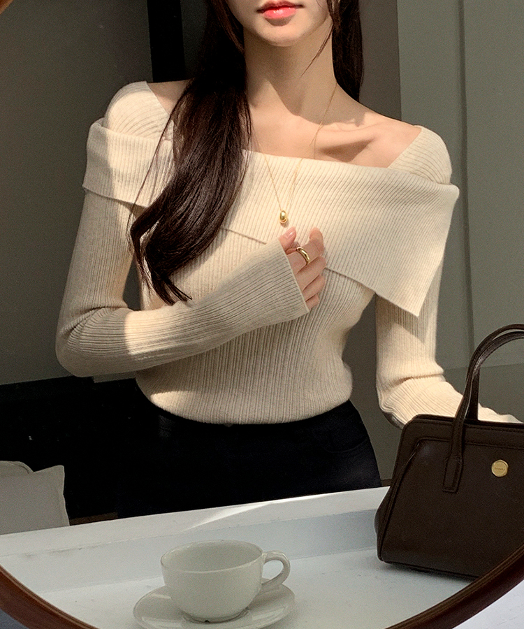 nt5191 (여리한쇄골라인/여성스러움UP) 오브텐 슬림 골지 언발 오프숄더 니트 BEIGE