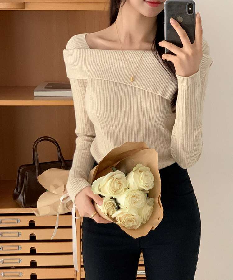 nt5191 (여리한쇄골라인/여성스러움UP) 오브텐 슬림 골지 언발 오프숄더 니트 BEIGE