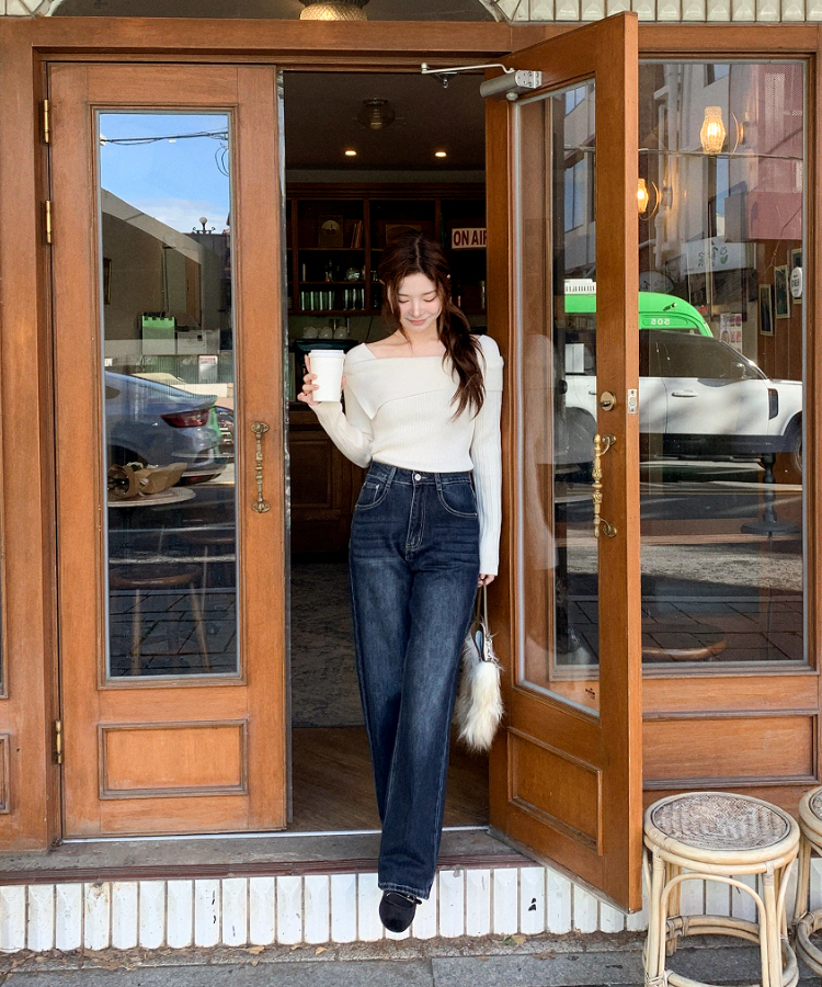 nt5191 (여리한쇄골라인/여성스러움UP) 오브텐 슬림 골지 언발 오프숄더 니트 IVORY