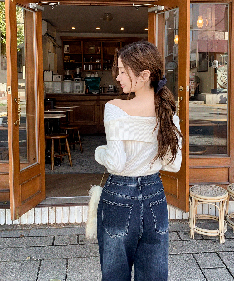 nt5191 (여리한쇄골라인/여성스러움UP) 오브텐 슬림 골지 언발 오프숄더 니트 IVORY