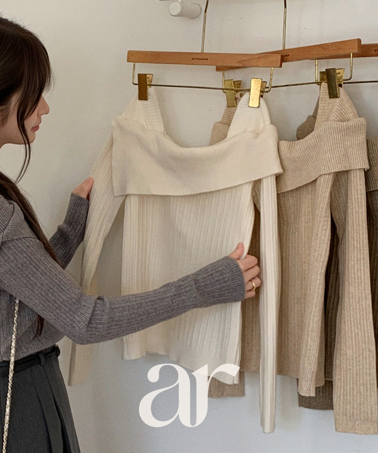 nt5191 (여리한쇄골라인/여성스러움UP) 오브텐 슬림 골지 언발 오프숄더 니트 CHARCOAL