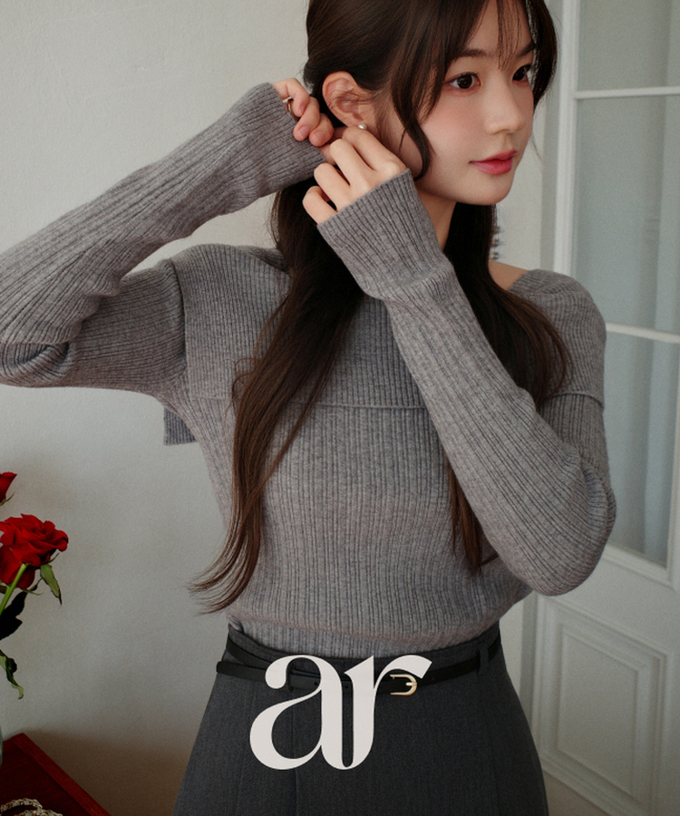 nt5191 (여리한쇄골라인/여성스러움UP) 오브텐 슬림 골지 언발 오프숄더 니트 CHARCOAL