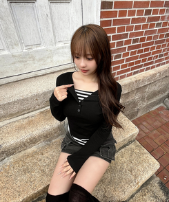 스트라이프 레이어드 긴팔티 블랙