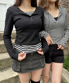 스트라이프 레이어드 긴팔티 블랙
