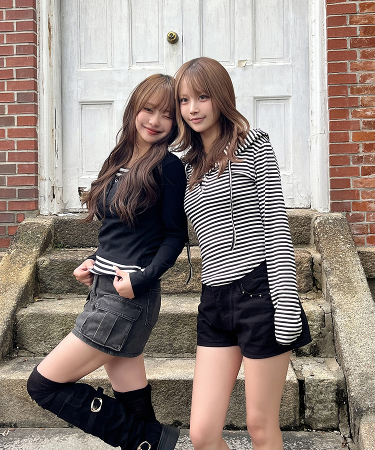 스트라이프 레이어드 긴팔티 블랙