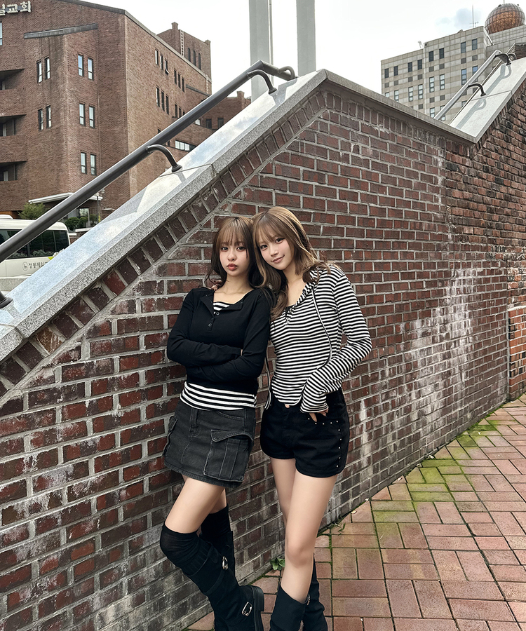 스트라이프 레이어드 긴팔티 블랙