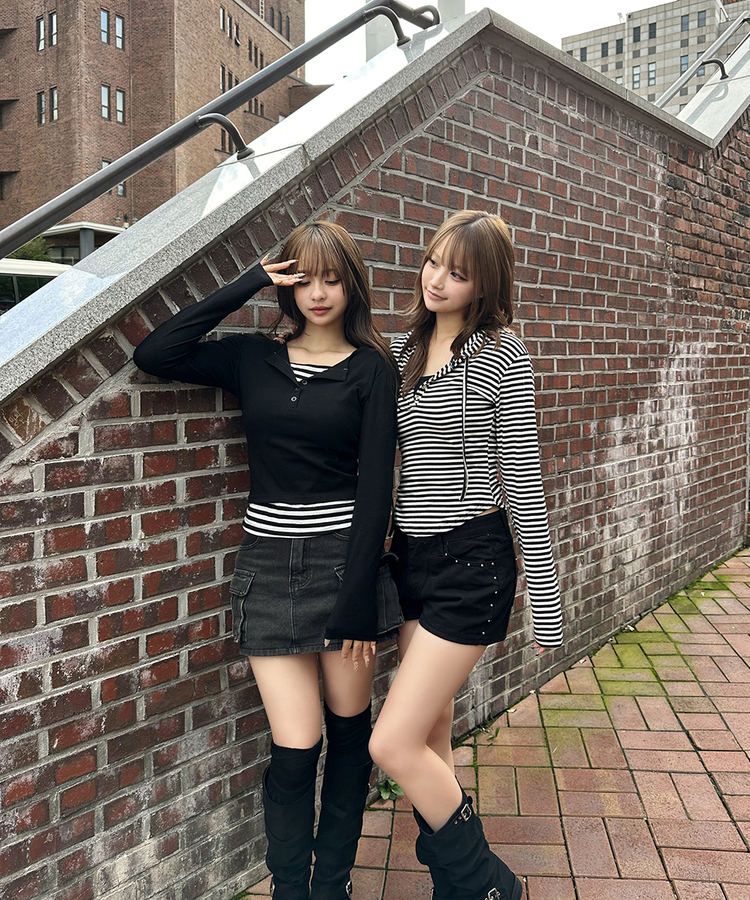 스트라이프 레이어드 긴팔티 블랙