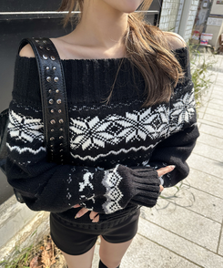 ノルディックオフショルダーニット BLACK