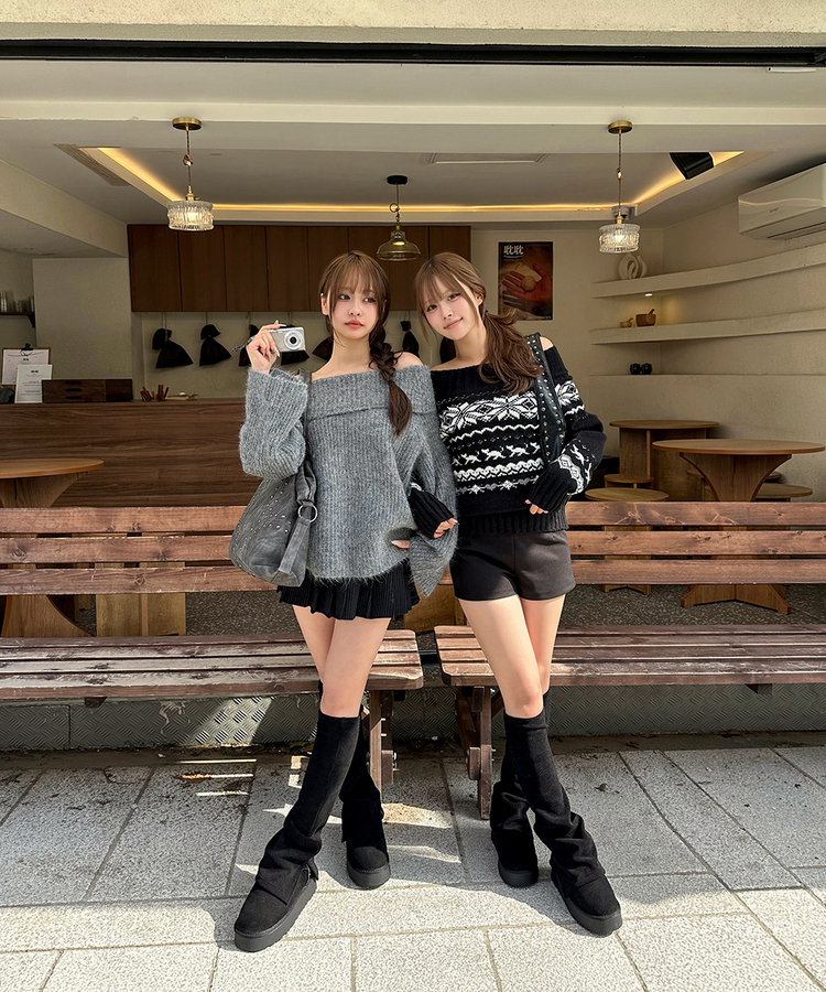 ノルディックオフショルダーニット BLACK