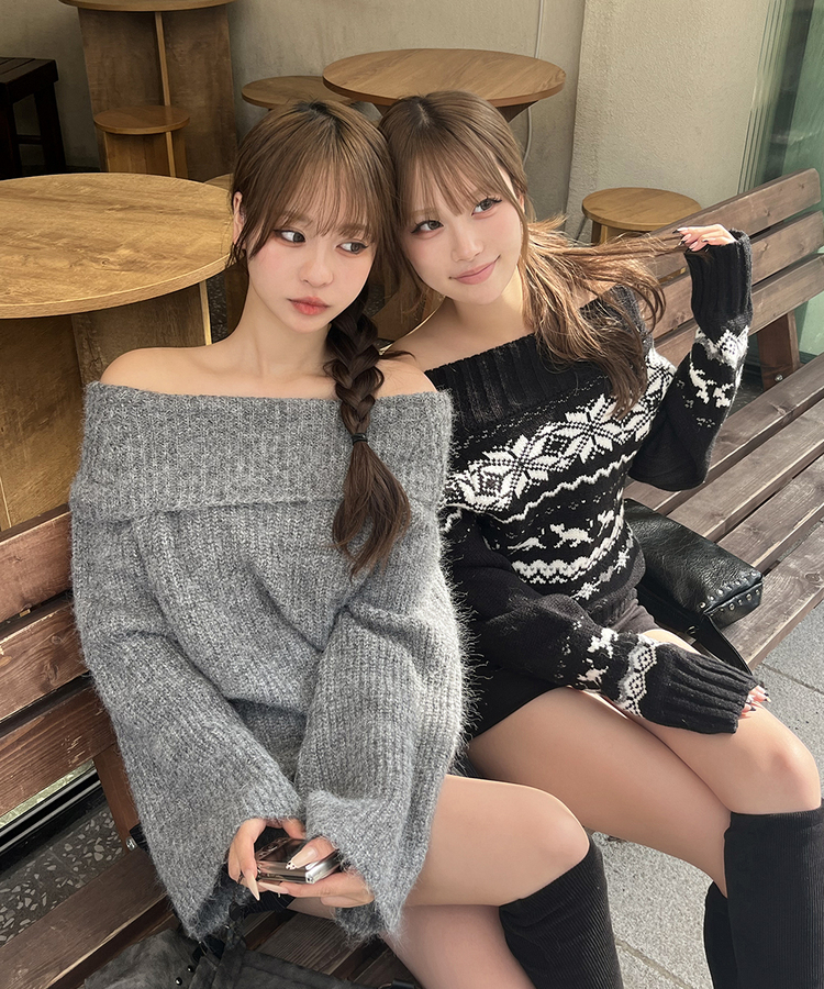 ノルディックオフショルダーニット BLACK