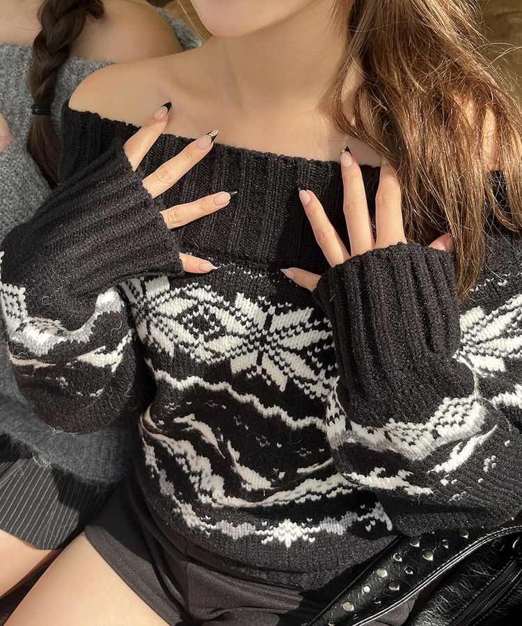 ノルディックオフショルダーニット BLACK