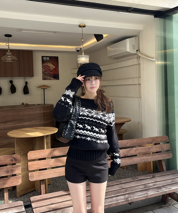 ノルディックオフショルダーニット BLACK