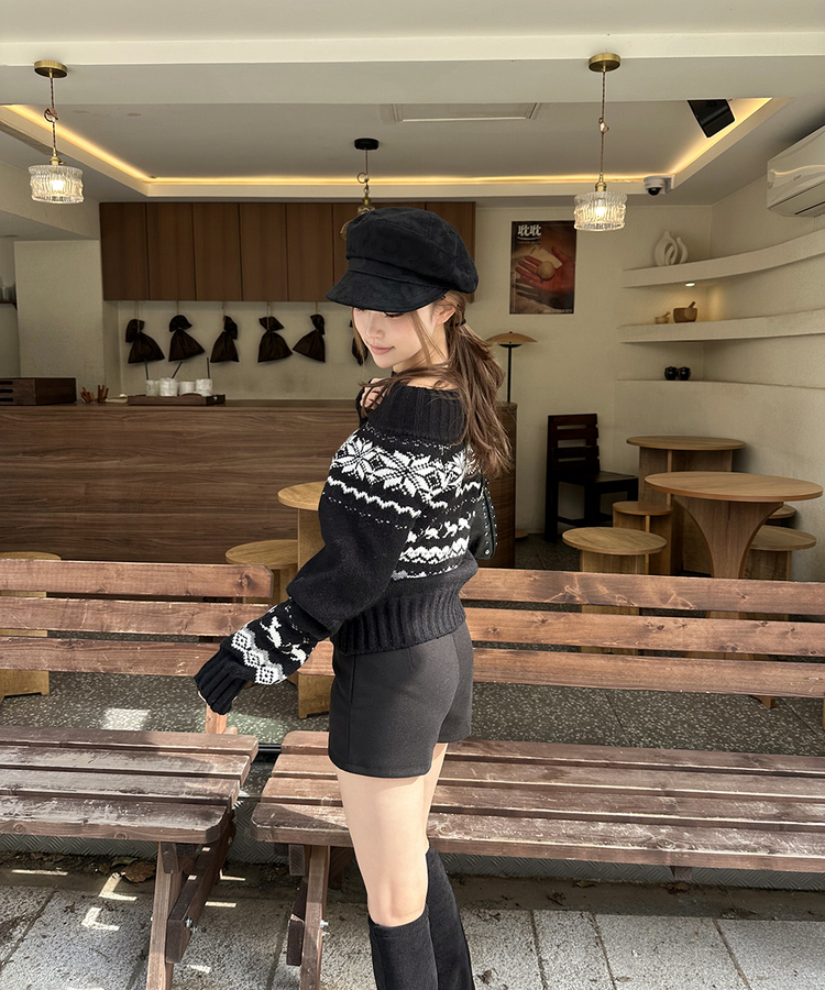 ノルディックオフショルダーニット BLACK