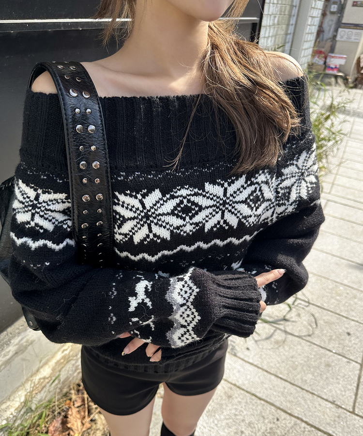 ノルディックオフショルダーニット BLACK