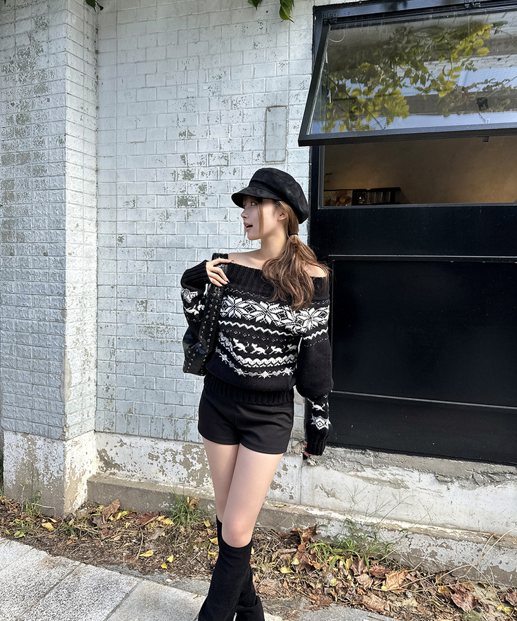 ノルディックオフショルダーニット BLACK