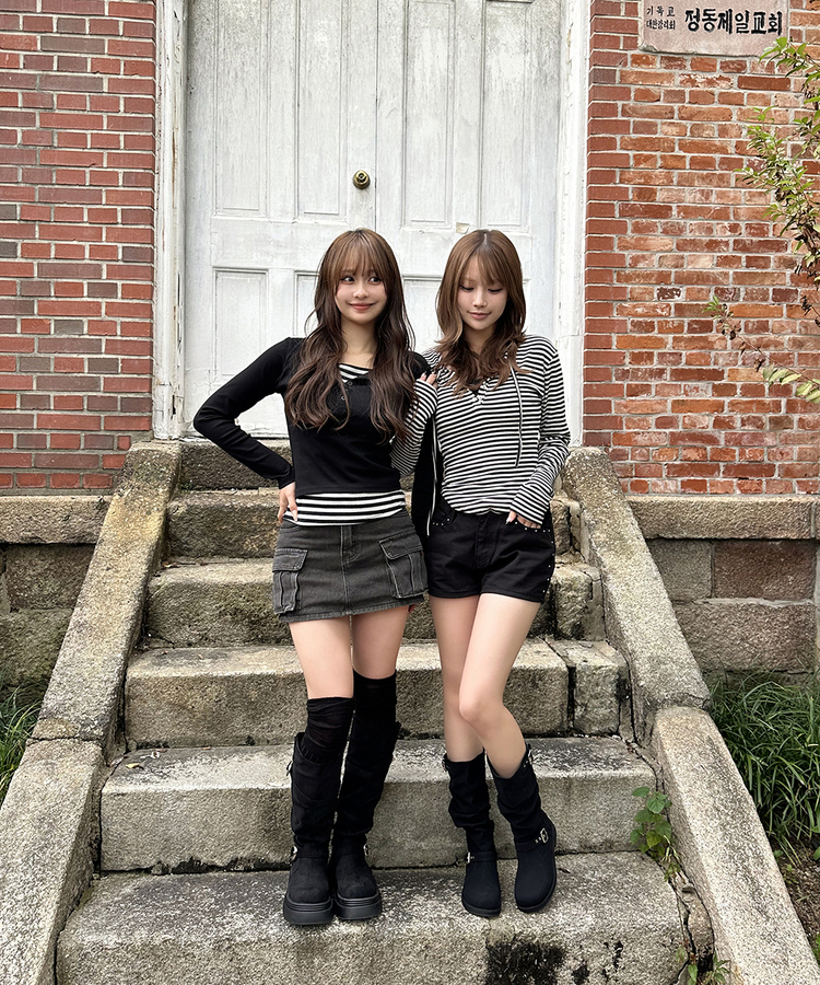 워싱 데님 미니 스커트 벨트세트 블랙