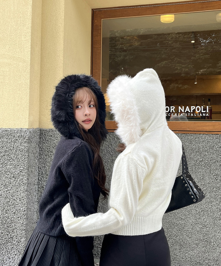 フェイクファーニットジップアップ BLACK