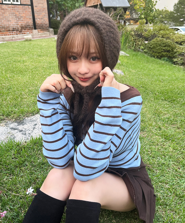 ストライプオフショルダーニット SKY BLUE