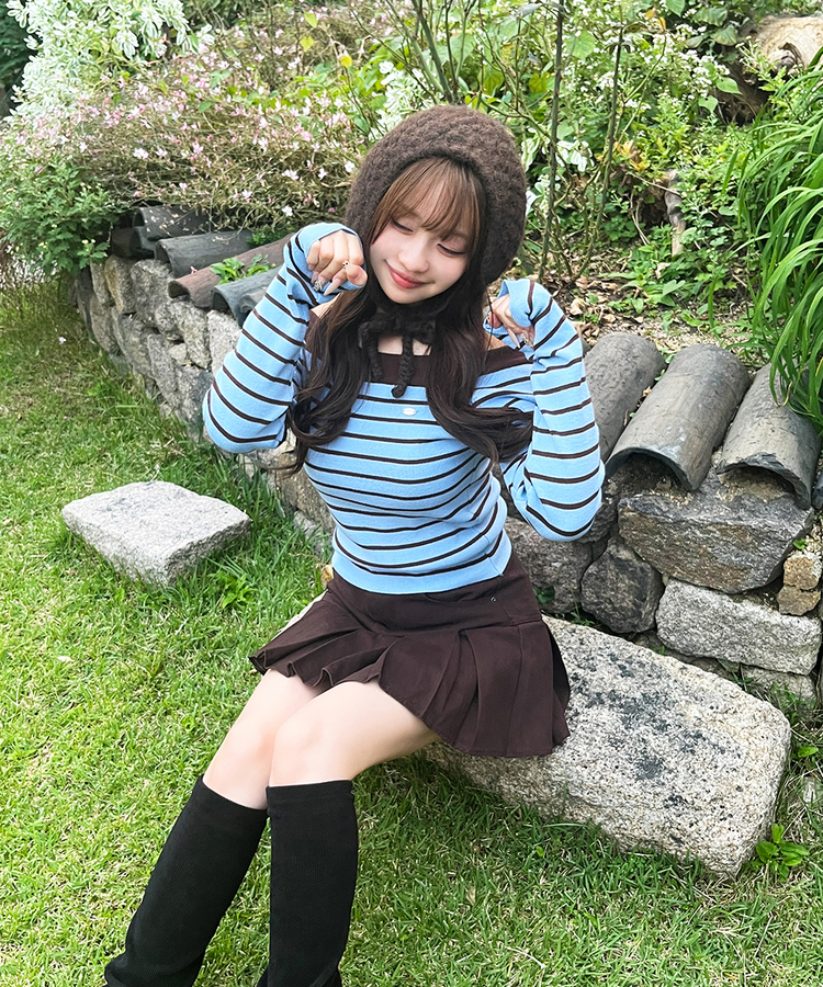 ストライプオフショルダーニット SKY BLUE