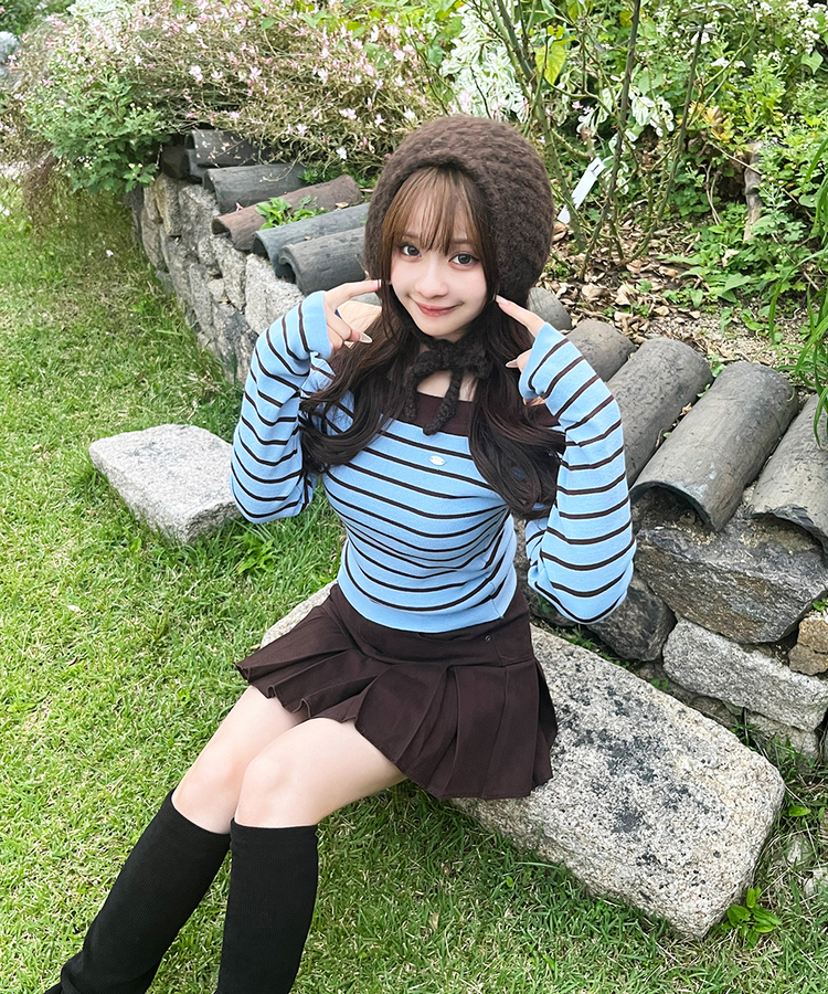 ストライプオフショルダーニット SKY BLUE