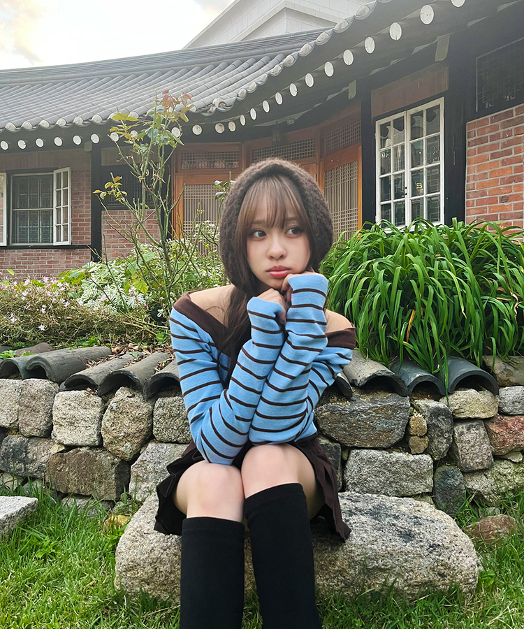 ストライプオフショルダーニット SKY BLUE