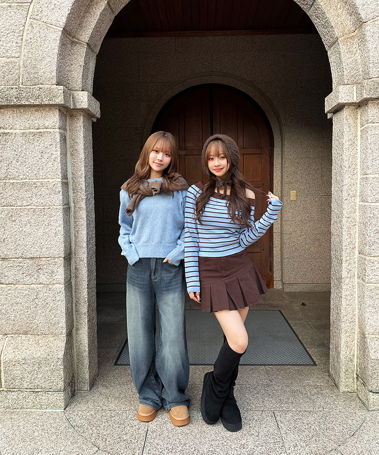 ストライプオフショルダーニット SKY BLUE