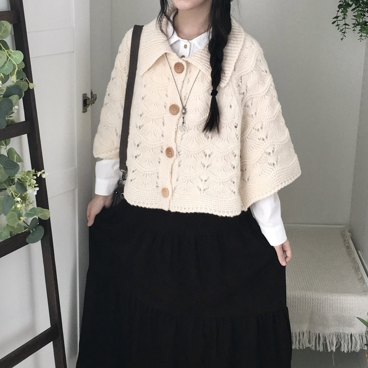 달빛천사 빈티지 대장 모리걸 우드버튼 판초 카라 케이프 망토  아이보리