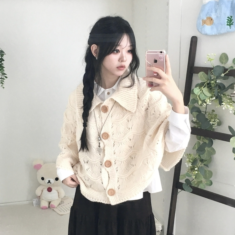 달빛천사 빈티지 대장 모리걸 우드버튼 판초 카라 케이프 망토  아이보리