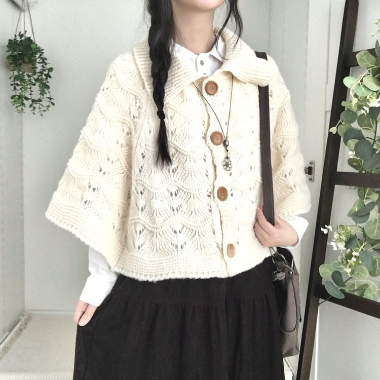 달빛천사 빈티지 대장 모리걸 우드버튼 판초 카라 케이프 망토  아이보리