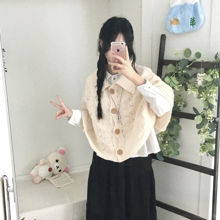 달빛천사 빈티지 대장 모리걸 우드버튼 판초 카라 케이프 망토  아이보리