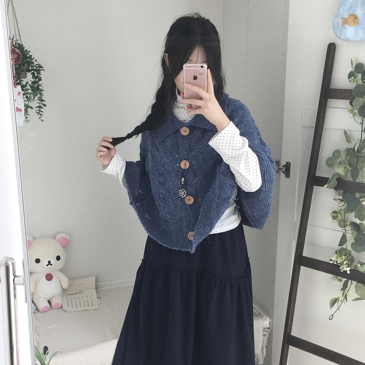 달빛천사 빈티지 대장 모리걸 우드버튼 판초 카라 케이프 망토  블루