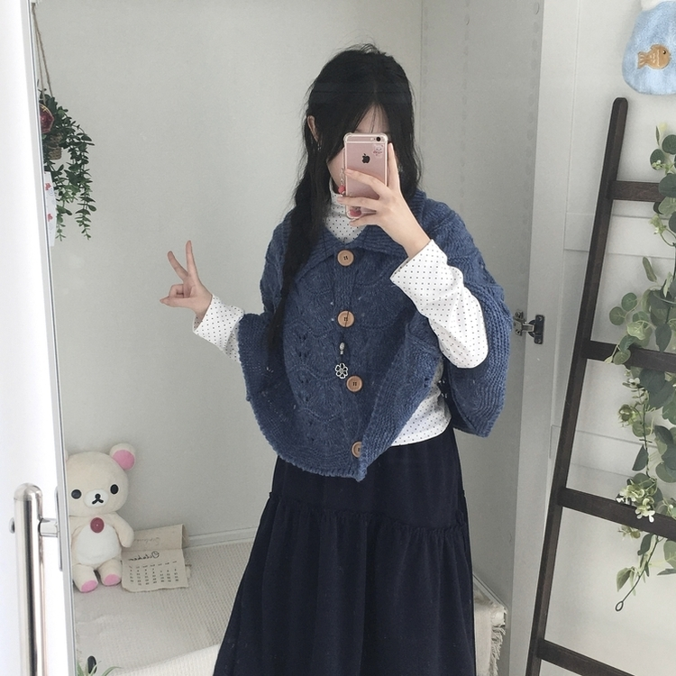 달빛천사 빈티지 대장 모리걸 우드버튼 판초 카라 케이프 망토  블루