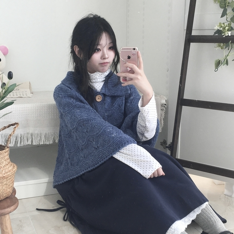 달빛천사 빈티지 대장 모리걸 우드버튼 판초 카라 케이프 망토  블루