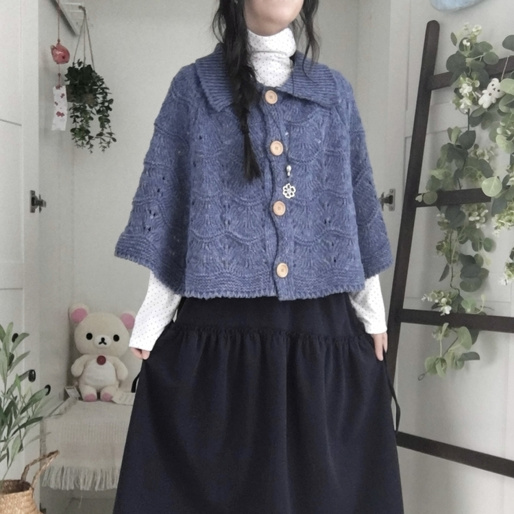 달빛천사 빈티지 대장 모리걸 우드버튼 판초 카라 케이프 망토  블루