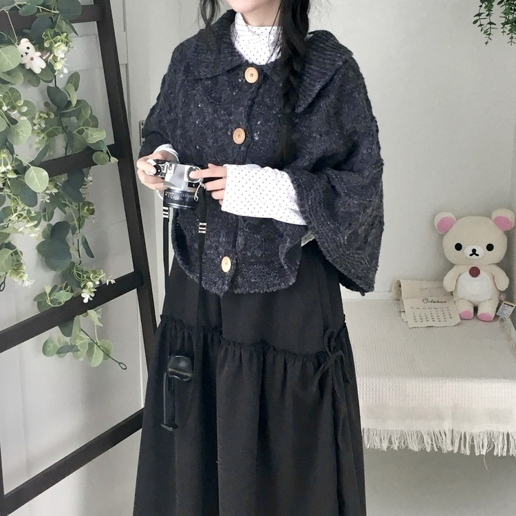 달빛천사 빈티지 대장 모리걸 우드버튼 판초 카라 케이프 망토  먹색