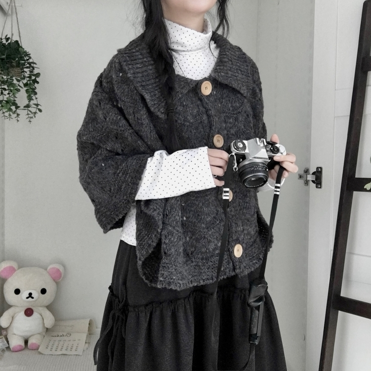 달빛천사 빈티지 대장 모리걸 우드버튼 판초 카라 케이프 망토  먹색