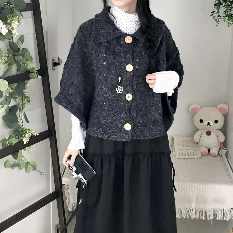 달빛천사 빈티지 대장 모리걸 우드버튼 판초 카라 케이프 망토  먹색