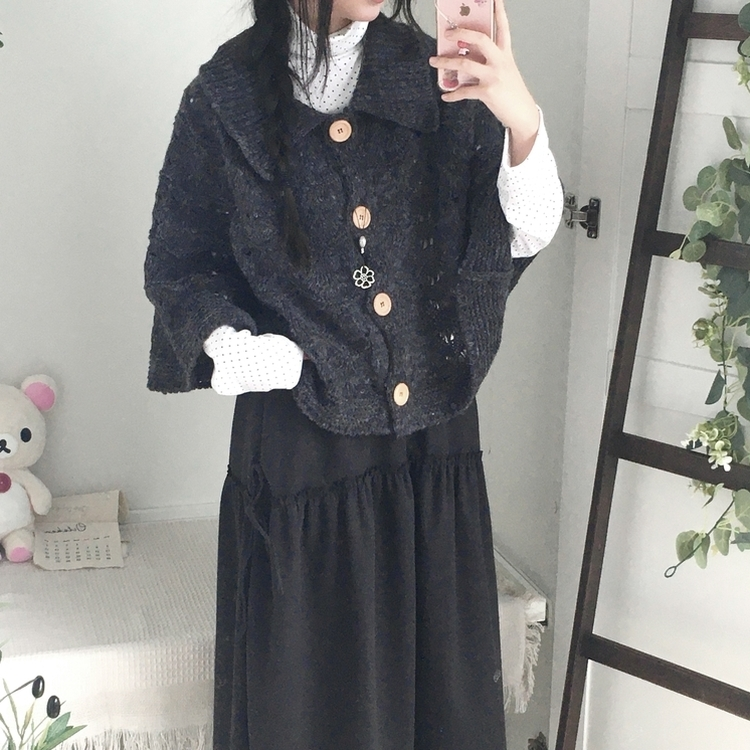 달빛천사 빈티지 대장 모리걸 우드버튼 판초 카라 케이프 망토  먹색