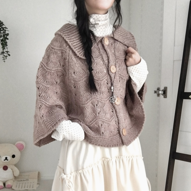 달빛천사 빈티지 대장 모리걸 우드버튼 판초 카라 케이프 망토  밤색