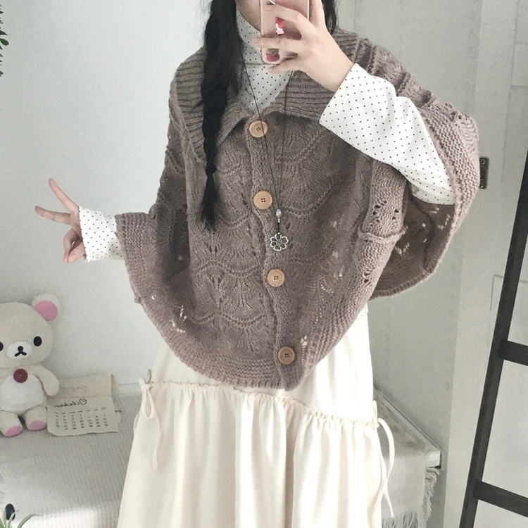 달빛천사 빈티지 대장 모리걸 우드버튼 판초 카라 케이프 망토  밤색