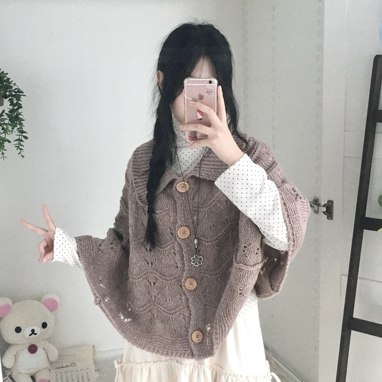 달빛천사 빈티지 대장 모리걸 우드버튼 판초 카라 케이프 망토  밤색