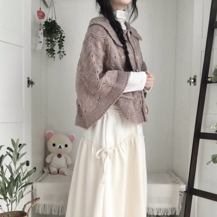 달빛천사 빈티지 대장 모리걸 우드버튼 판초 카라 케이프 망토  밤색